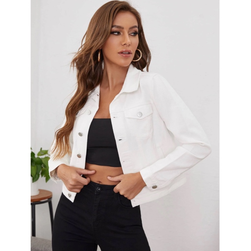 White Denim Jean Jacket Classic Button Up / Down Front Pockets - Picture 6 of 11
